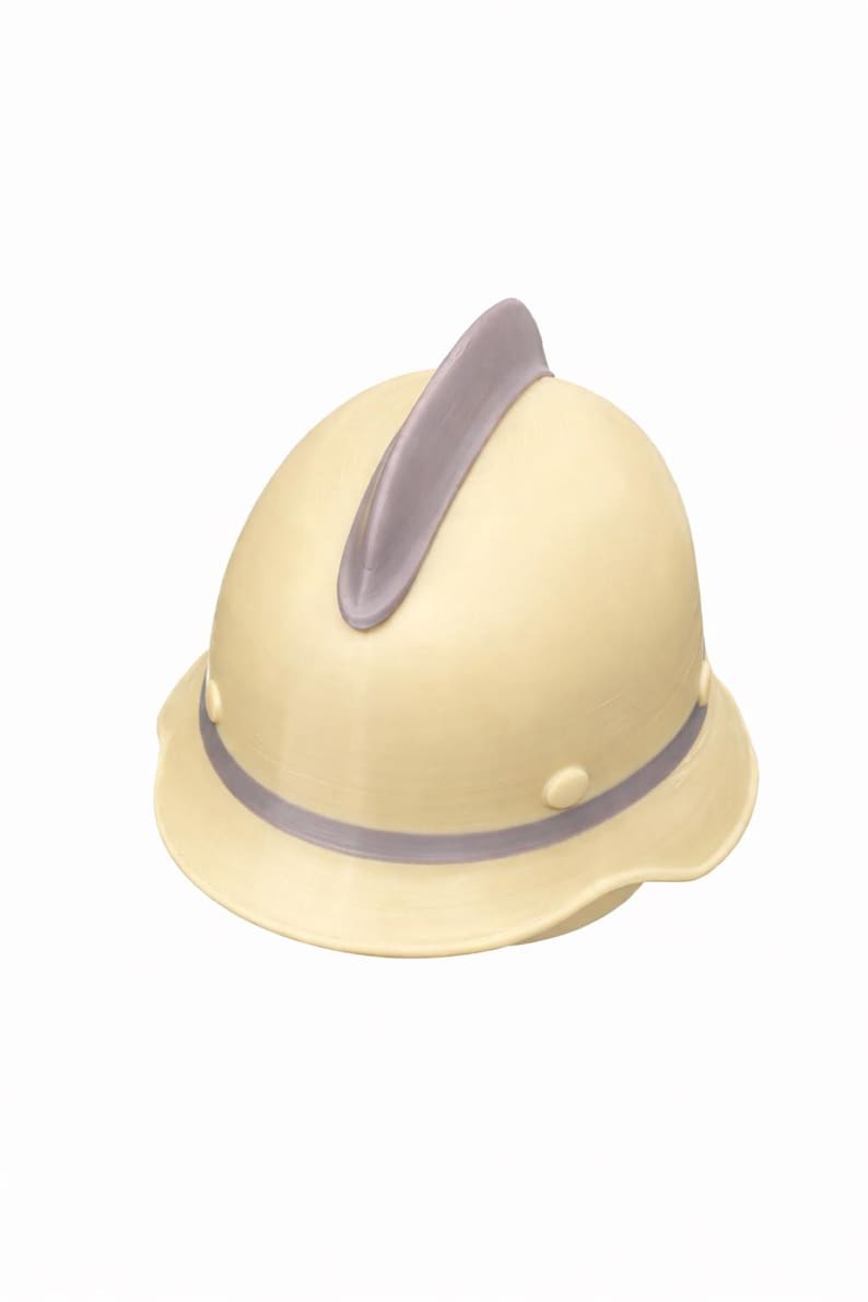 May include: A cream-colored pith helmet with a gray band and a gray central ridge. The hat has a wide brim and is designed to protect the wearer from the sun. The helmet has a classic safari style.