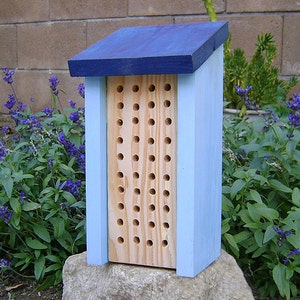 Solitary BEE HOUSE, Blue, Insect Hotel, Handmade, Made to Order