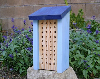 Solitary BEE HOUSE, Blue, Insect Hotel, Handmade, Made to Order