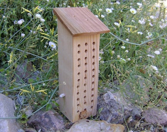 Può includere: Una casetta di legno per insetti con un tetto spiovente e numerosi fori per consentire agli insetti di nidificare. La casetta è posizionata su un letto di pietre e piante verdi.
