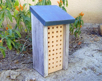 Painted BEE HOUSE, Rustic Blue and White, Hand Made, Hand Painted. For Solitary Bees. Made to Order.