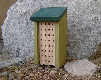 Painted BEE HOUSE, Green Sage and Forest, Insect Hotel, Hand Made. Made to Order.