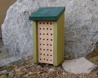 Painted BEE HOUSE, Green Sage and Forest, Insect Hotel, Hand Made. Made to Order.