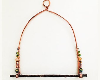 HUMMER SWING, Rainbow Beads, Orange, Yellow, Green; Hummingbird Perch, Bully Swing; Copper Wire; Handmade, Ready to Ship