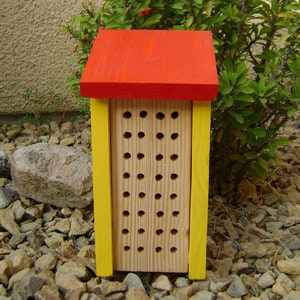 Solitary BEE HOUSE, Yellow and Red, Hand Made, Hand Painted. Made to Order.