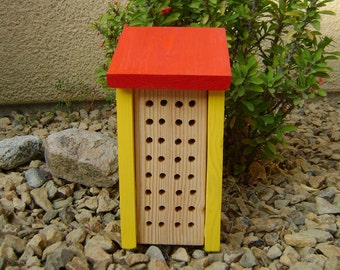 Solitary BEE HOUSE, Yellow and Red, Hand Made, Hand Painted. Made to Order.