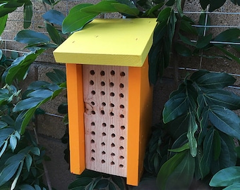 Solitary BEE HOUSE, Orange and Yellow, Hand Made, Hand Painted. Ready to Ship