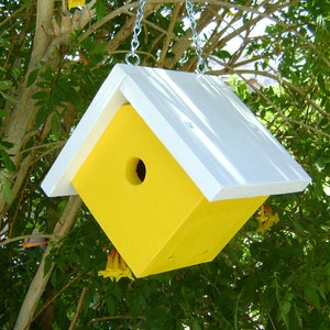 WOOD BIRDHOUSE, Yellow and White, Handmade, for Wrens, Made to Order