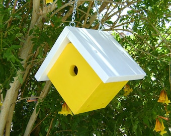 WOOD BIRDHOUSE, Yellow and White, Handmade, for Wrens, Made to Order