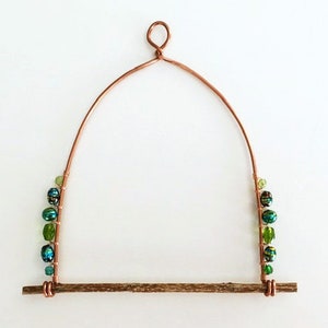 HUMMINGBIRD SWING, Hummingbird Perch; Green Beads, Copper Wire; Handmade, One of a Kind, Ready to Ship