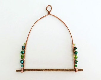 HUMMINGBIRD SWING, Hummingbird Perch; Green Beads, Copper Wire; Handmade, One of a Kind, Ready to Ship