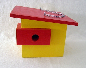 MODERN WOOD BIRDHOUSE, Yellow and Red, Handmade, Made to Order