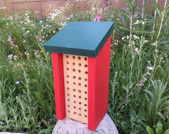 Solitary BEE HOUSE, Red and Green, Hand Made, Hand Painted. Made to Order