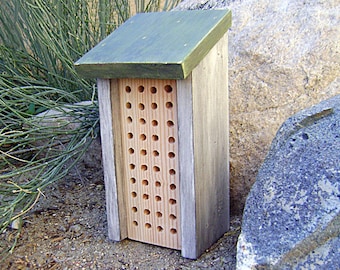 Painted BEE HOUSE, Rustic Sage and White, Hand Made, Hand Painted. For Solitary Bees. Made to Order