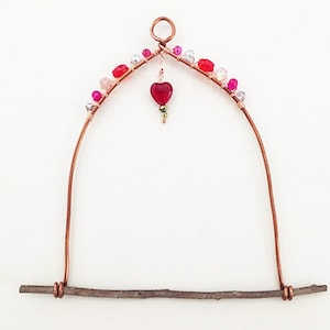 HUMMINGBIRD SWING, Red Heart with Pink and Red Glass Beads, Hummer Perch, Bully Swing; Copper Wire; Handmade, One of a Kind, Ready to Ship