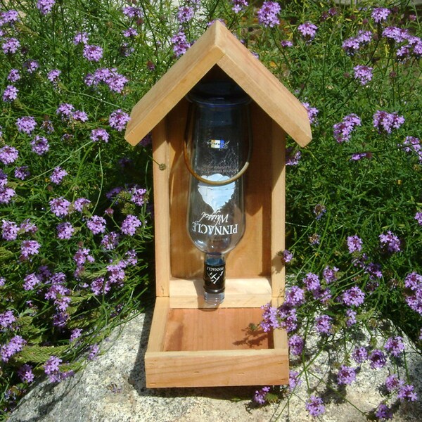 Bottle BIRD FEEDER, Vodka Bottle (Light Blue Glass) and Redwood - Distressed Label, Recycled. (bird seed not included). Ready to Ship