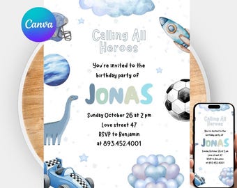 Plantilla editable de invitación de cumpleaños para niños, invitación imprimible para fiesta de niños, invitación de cumpleaños para niños, descarga instantánea (5x7 y A6)