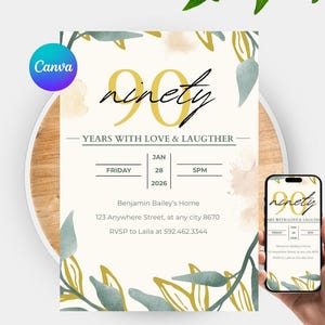 Gepersonaliseerde 90e verjaardagsuitnodiging set, DIY bewerkbare sjabloon, afdrukbare feestuitnodiging, digitale download, op maat gemaakte feestuitnodiging afdrukbaar