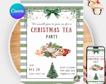 Editable Christmas Tea Party Invitation, Holiday Tea Invite, Customizable Canva Template, Instant Download