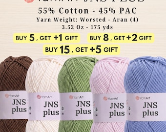 Pode incluir: Cinco novelos de fio YarnArt JNS PLUS em castanho, creme, verde, rosa claro e azul. O rótulo indica 55% algodão, 45% PAC, peso worsted Aran (4), 100g e 160m. O texto inclui Buy 5 get 1 gift, Buy 8 get 2 gift, Buy 15 get 5 gift.
