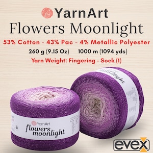 May include: Two cakes of YarnArt Flowers Moonlight yarn featuring a purple to light pink gradient with metallic flecks. Each cake weighs 260 g (9.15 oz) and contains 1000 m (1094 yds) of fingering weight sock yarn made of 53% cotton, 43% pac, and 4% metallic polyester.