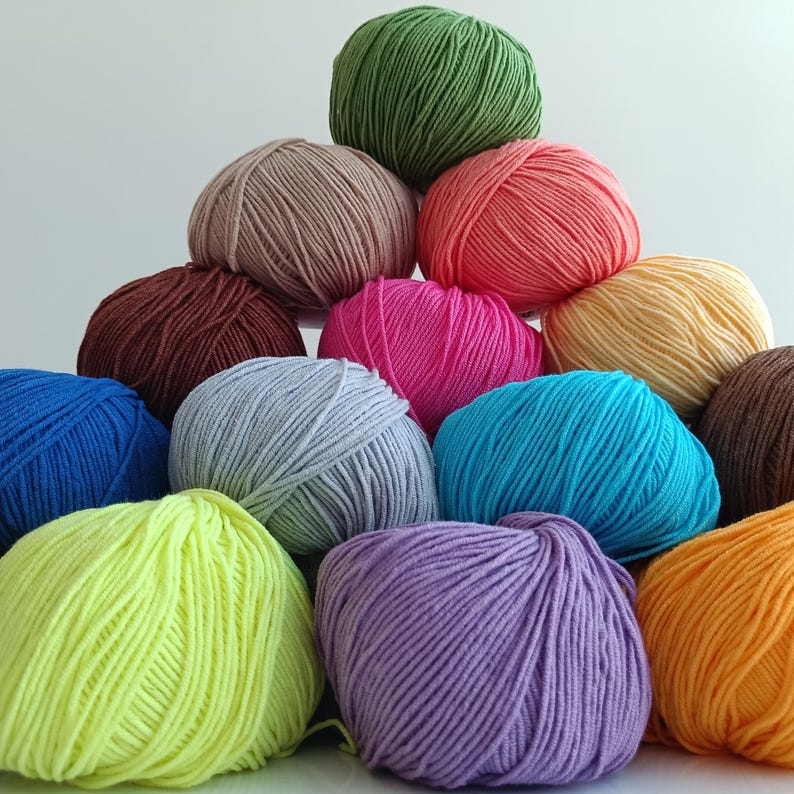 Pode incluir: Uma pilha piramidal de doze novelos de l&atilde; em v&aacute;rias cores s&oacute;lidas, incluindo verde-lim&atilde;o, coral, magenta, cinza-claro, azul brilhante, roxo, laranja, marrom, bege, marrom escuro e verde-oliva, dispostos em um grupo denso e multicamadas.