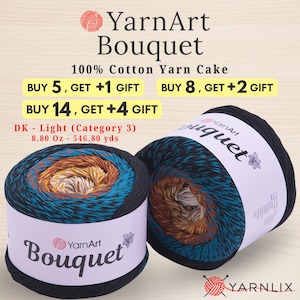 May include: Two cakes of YarnArt Bouquet 100% cotton yarn featuring a gradient color transition from black to teal, orange, and cream. The label displays the text YarnArt Bouquet, DK - Light (Category 3), 8.80 Oz - 546.80 yds, and promotional offers.
