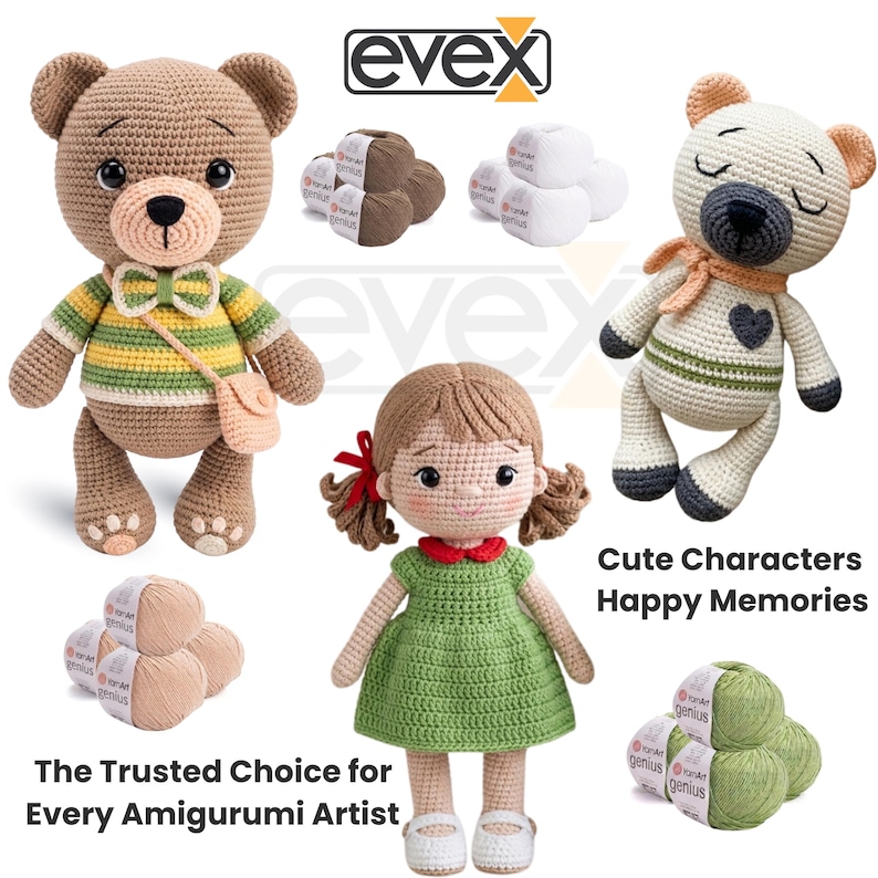 Pode incluir: Dois ursos e uma boneca de croch&ecirc; com novelos de l&atilde;. Um urso usa uma camisa listrada verde e amarela com gravata borboleta e bolsa. O outro urso tem um cachecol e um cora&ccedil;&atilde;o. A boneca usa um vestido verde. Texto: evex, Cute Characters Happy Memories, The Trusted Choice for Every Amigurumi Artist.
