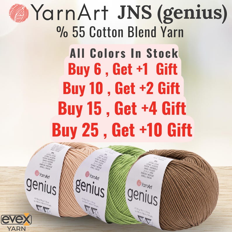 Pode incluir: Tr&ecirc;s novelos de fio YarnArt JNS genius, mistura de 55% algod&atilde;o, nas cores bege claro, verde claro e castanho. Cada novelo tem uma etiqueta de papel branco com o nome da marca e detalhes do produto. A imagem inclui texto sobre promo&ccedil;&otilde;es.