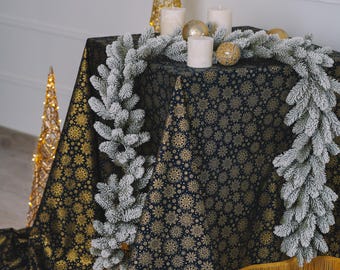 Navy Blue Gold Tablecloth with Tassels | Luxury Table Linen | Elegant Dining & Gift Decor