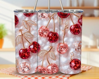 Cherry Bow Tumbler Wrap Red Coquette Cherries Tumbler Design For Her 20 oz Sublimation PNG (Digital Download)