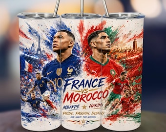 France vs Morocco Soccer Tumbler Wrap Design 20 oz Skinny Fifa World Cup Printable Sublimation (PNG Digital Download)