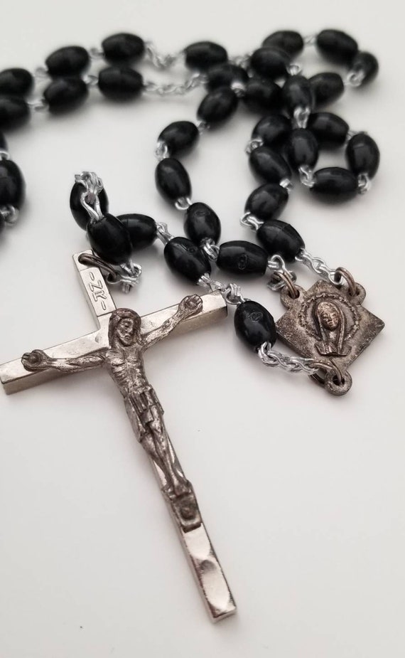 Vintage Italian Black Bead Silver Tone Rosary Neck