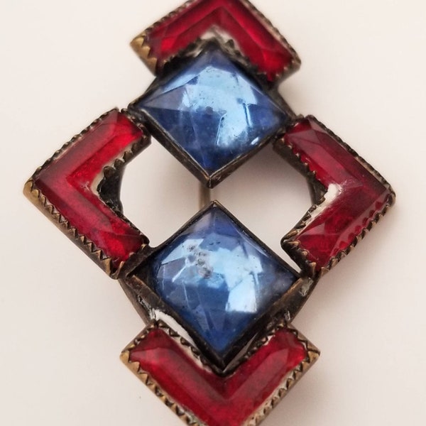 Early Victorian Vauxhall Brooch, Vintage Glass Rhinestones, Geometric Ruby Red and Baby Blue Sparkling Stones Pin