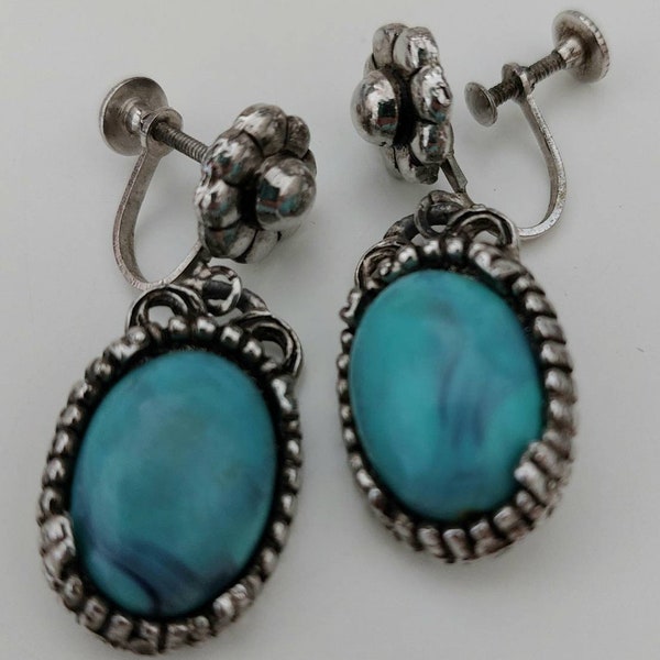 Coro Turquoise Cabochon Silver Tone Screw Back Navajo Style Earrings