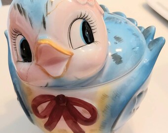Vintage Geo Z Lefton Bluebird Cookie Jar, ESD Japan Bird Ceramic As-Is