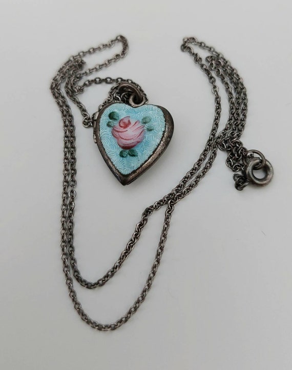 Sterling Silver 1940s Heart Enamel Locket Floral … - image 1