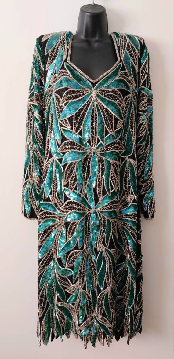 Vintage Size Large Fully Sequined Green and Black 