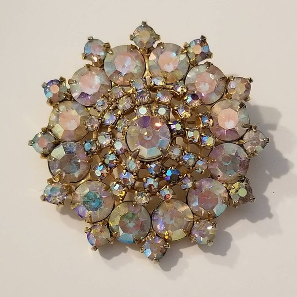 Vintage Aurora Borealis Rhinestone Brooch, Sparkling Cluster Circle Pin, Sherman Style Costume Jewelry, Glamorous 1950 Woman