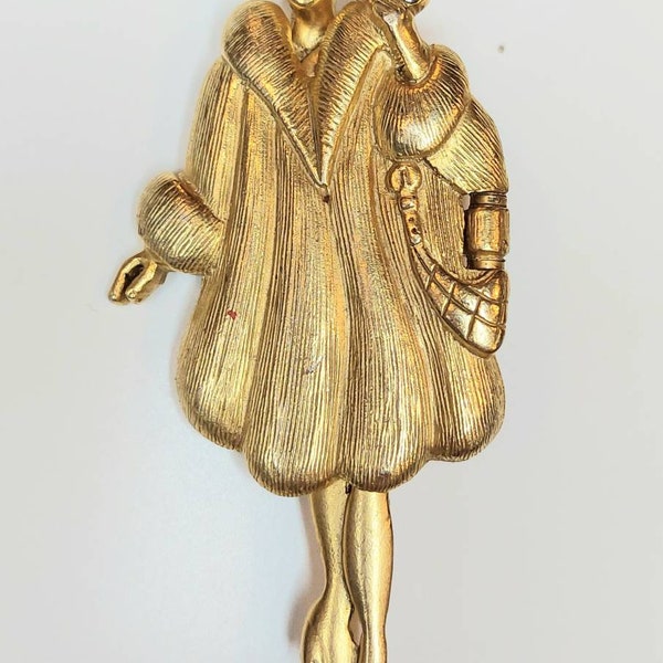 Vintage Gold Tone Brooch Rich Woman Poor Woman Signed AJC After Taxes Under Coat Woman In Barrel