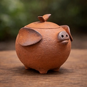 May include: A brown ceramic pig-shaped container with a lid. The container features large ears, a snout with two nostrils, and small feet. The lid is adorned with a small decorative element. It is placed on a wooden surface.