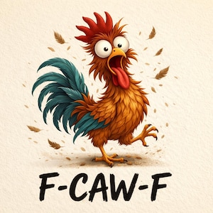 May include: A cartoon rooster with wide eyes, an open beak, and a long red tongue. The rooster has orange and brown feathers, a red comb, and blue tail feathers. The text "F-CAW-F" is below the rooster.