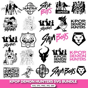 May include: A collection of black and white graphic designs and illustrations, including silhouettes of people, stylized animals, and text. The text includes "SAJA BOYS", "HUNTRAX", and "K-POP DEMON HUNTERS". The bottom banner reads "KPOP DEMON HUNTERS SVG BUNDLE".