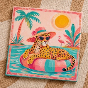 May include: A colorful painting of a leopard wearing sunglasses and a sun hat, lounging on a pink and blue inflatable ring in a pool. The background features a palm tree, a flamingo, and a bright yellow sun. The artwork has a tropical theme.