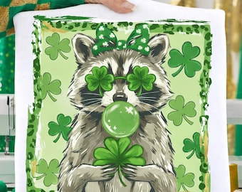 Leopard St Patrick’s Raccoon PNG, Cute Raccoon Shamrock Design, St Patricks Coquette PNG