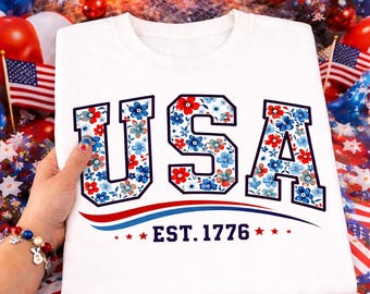 Floral USA PNG, Retro America png, Coquette 4th of July Patriotic PNG