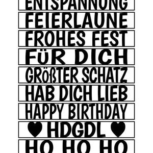 May include: A black and white graphic with phrases like "Cozy Vibes," "Happy Birthday," and "Hygge Love" in a bold, sans-serif font. The design includes heart symbols and German phrases.