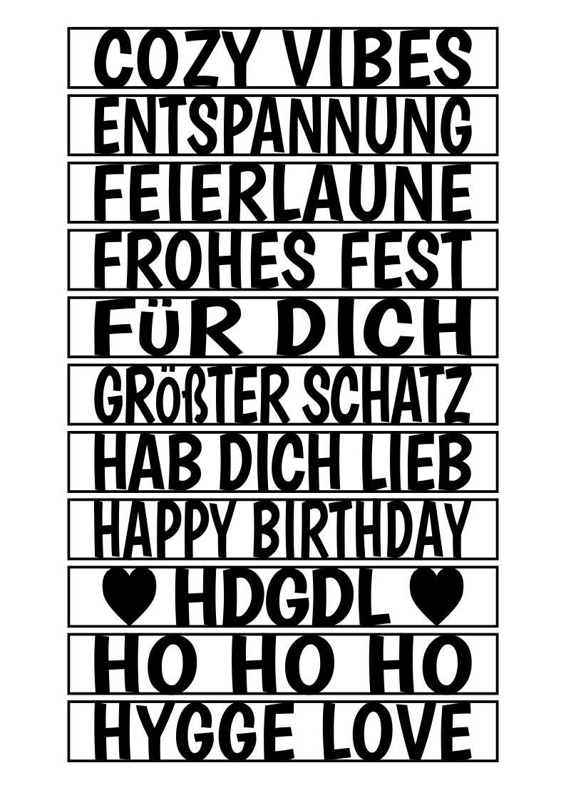 May include: A black and white graphic with phrases like "Cozy Vibes," "Happy Birthday," and "Hygge Love" in a bold, sans-serif font. The design includes heart symbols and German phrases.
