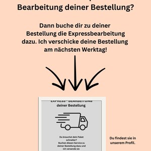 May include: A peach-colored graphic with German text, including the phrases "Express Processing" and "Do you want a prioritized processing of your order?" A black and white illustration of a delivery truck is also included.