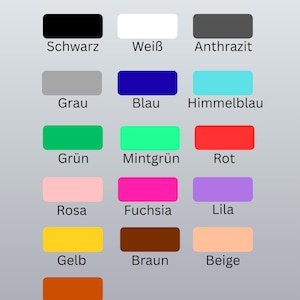 May include: A color chart displaying 16 different colors, each in a rectangular block. The colors include black, white, gray, blue, green, pink, yellow, brown, and copper, with German color names above each block.